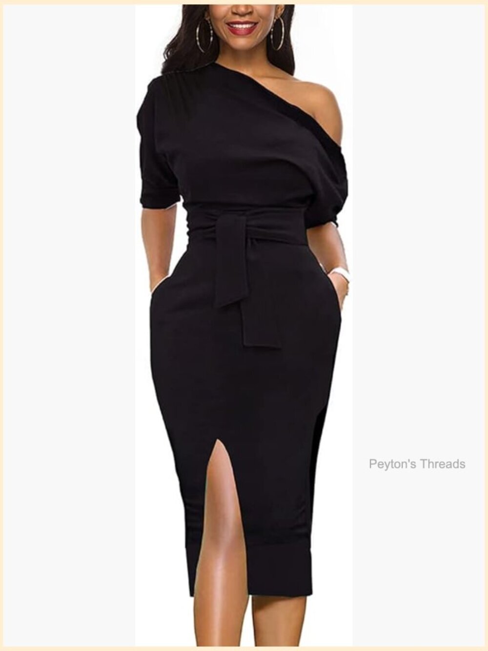 Off Shoulder Short Sleeve Belted Side Slit Midi Pencil Dress with Pockets
